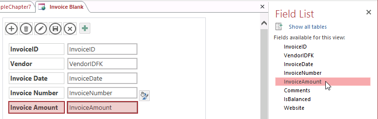 A screen shot of the Invoice Blank view opened in Design view. The view design grid shows the InvoiceID, VendorIDFK, InvoiceDate, InvoiceNumber, and InvoiceAmount fields added to the view design grid.