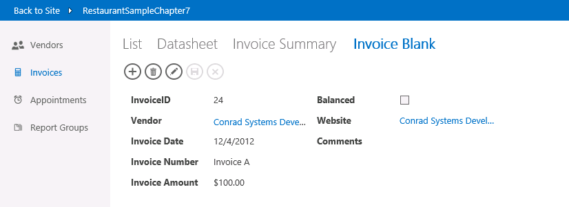 A screen shot of the Invoice Blank view opened in a web browser. Each of the eight fields in the view’s record source is displayed in the view. Only one record of data is displayed.