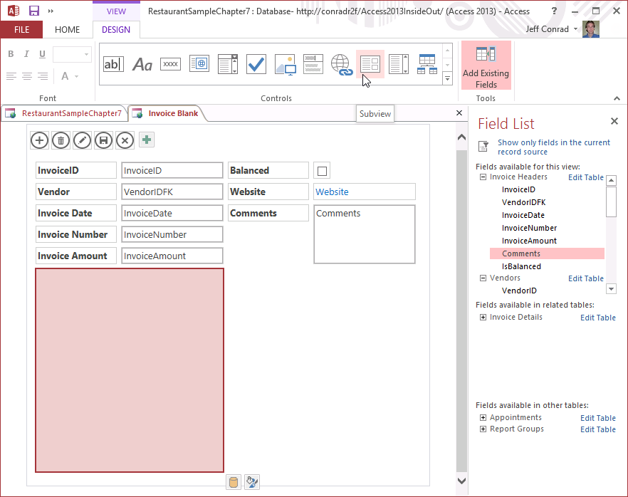 A screen shot of the Invoice Blank view opened in Design view within Access. Author has clicked the Subview button in the ribbon, and a new large empty control is shown in the lower-left corner of the grid.