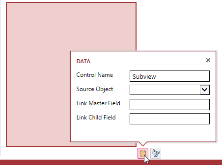 A screen shot of the Data property callout menu for subview controls. Four properties are displayed: Control Name, Source Object, Link Master Field, and Link Child Field.