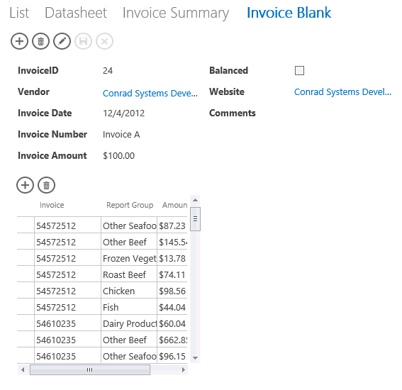 A screen shot of the Invoice Blank view opened in a web browser. A Datasheet view displaying all records from the Invoice Details table is shown in the lower-left corner of the parent view.