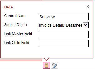 A screen shot of the Data property callout menu for subview controls. Four properties are displayed: Control Name, Source Object, Link Master Field, and Link Child Field.