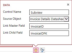 A screen shot of the Data property callout menu for subview controls. Author entered InvoiceID and InvoiceIDFK into the Link Master Field and Link Child Field property boxes.