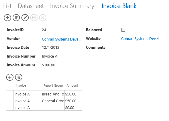 A screen shot of the Invoice Blank view displayed in a web browser. The subview datasheet now displays related detail records only.