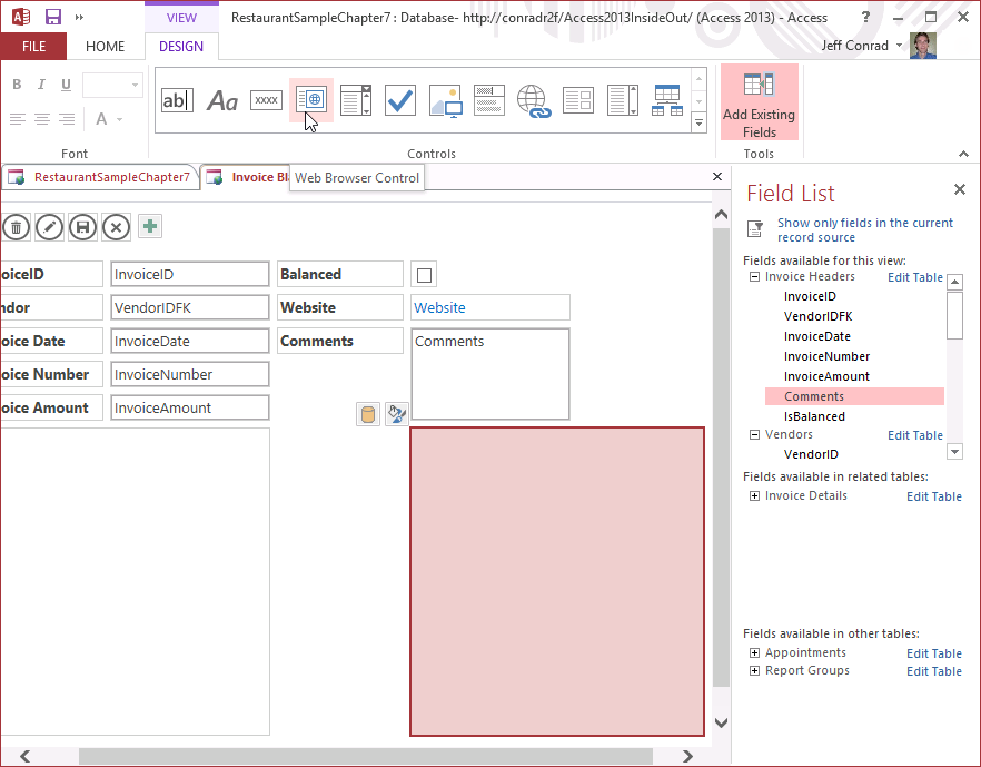 A screen shot of the Invoice Blank view opened in Design view within Access. Author has clicked the Web Browser Control button in the ribbon, and a new web browser control is shown in the lower-right corner of the grid.