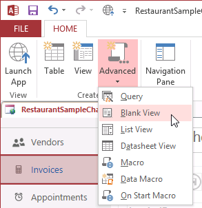 A screen shot of the options displayed beneath the Advanced command in the ribbon. The options displayed are Query, Blank View, List View, Datasheet View, Macro, Data Macro, and On Start Macro. Author has clicked the Blank View option.