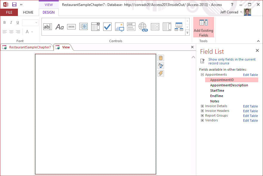 A screen shot of a new Blank view open in Design view in Access. No controls are shown on the design grid.