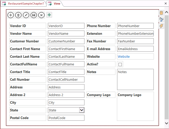 A screen shot of a new Blank view open in Design view in Access. Controls and associated labels for all 21 fields in the Vendors table are displayed on the grid in four columns.