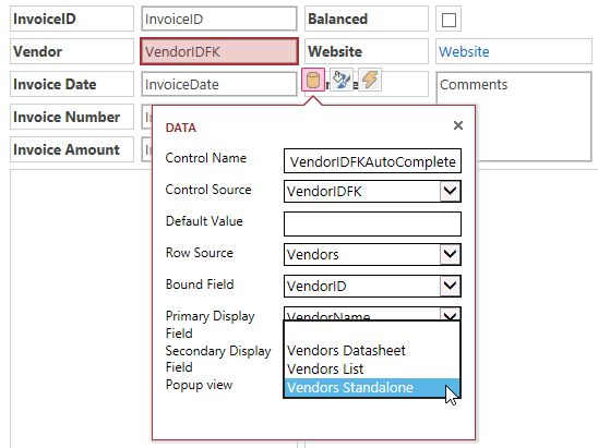 A screen shot of the Invoice Blank view open in Design view. The Data property callout menu is open for the VendorIDFK autocomplete control. Author has selected Vendors Standalone view for the Popup View property.