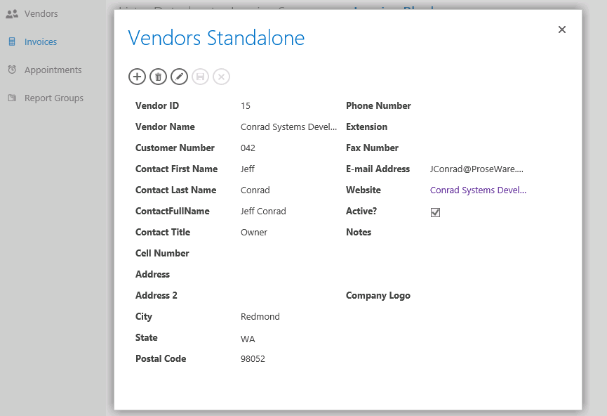 A screen shot of the Vendors Standalone view open in a web browser. The view is displayed as a pop-up view on top of a main view.