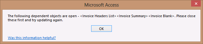 A screen shot of an error dialog in Access. This specific error message lists the names of three related views currently open and asks you to close them.