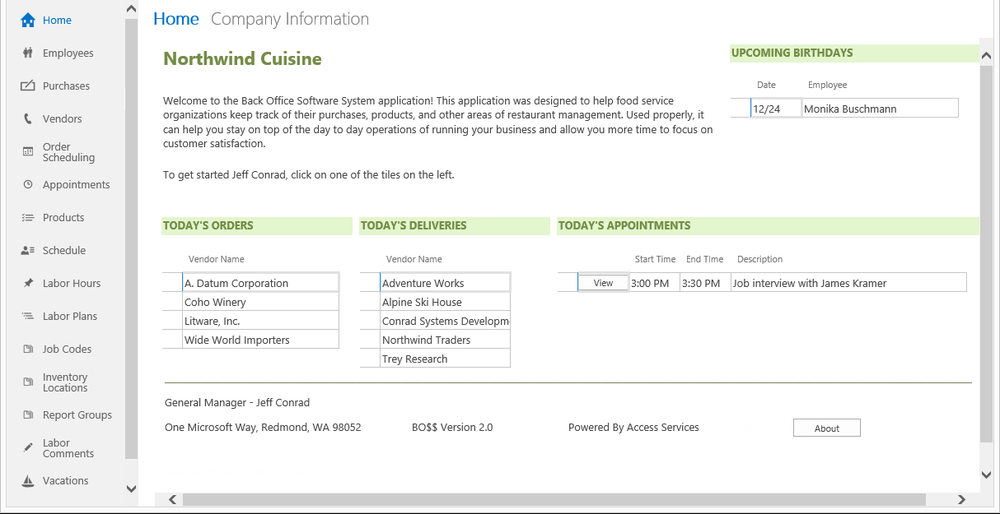 A screen shot of the Home view of the BOSS app displayed in a web browser. This view displays four subview controls as well as a description and general information about the app.