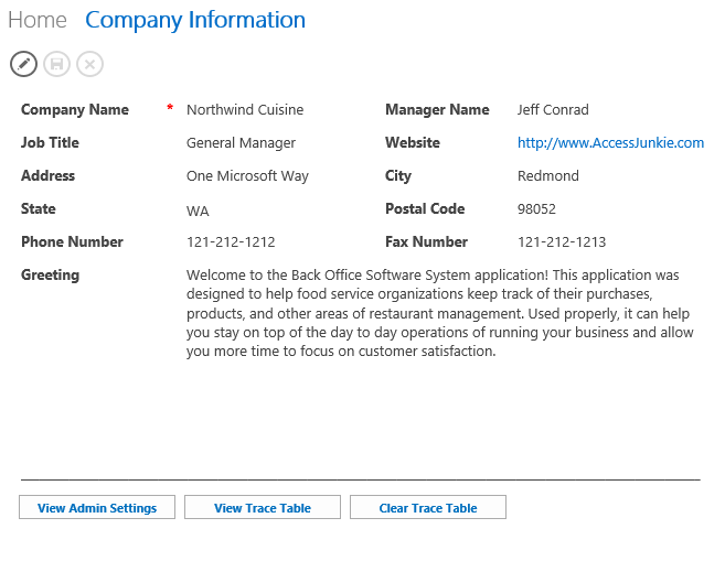 A screen shot of the Company Information view of the BOSS app displayed in a web browser. This view displays only the Edit, Save, and Cancel Action Bar buttons.