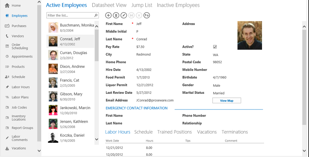 A screen shot of the Active Employees List Details view of the BOSS app displayed in a web browser. This view displays employee pictures in the List Control.