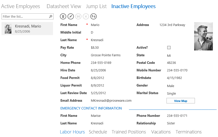 A screen shot of the Inactive Employees view in the BOSS app displayed in a web browser. This view displays inactive employees; only one record currently is shown.