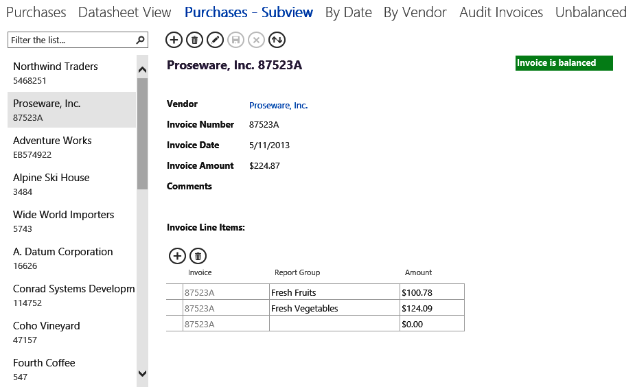 A screen shot of the Purchases - Subview view in the BOSS app displayed in a web browser. This List Details view displays invoice data and invoice detail data in a subview.