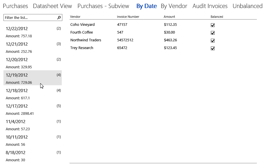 A screen shot of the By Date Summary view in the BOSS app displayed in a web browser. This view displays a list of dates and total amounts on the left side and four fields of invoice data for each date on the right side.