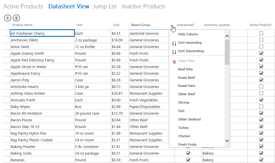 A screen shot of the Datasheet View in the BOSS app displayed in a web browser. This Datasheet view displays product records. Author has clicked the column header of the Report Group field, and the AutoFilter list of options is shown.