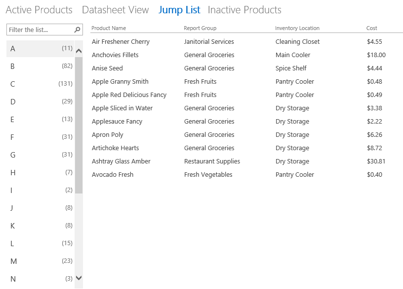 A screen shot of the Jump List view for the Products table in the BOSS app displayed in a web browser. The List Control displays only one letter and a count of records.