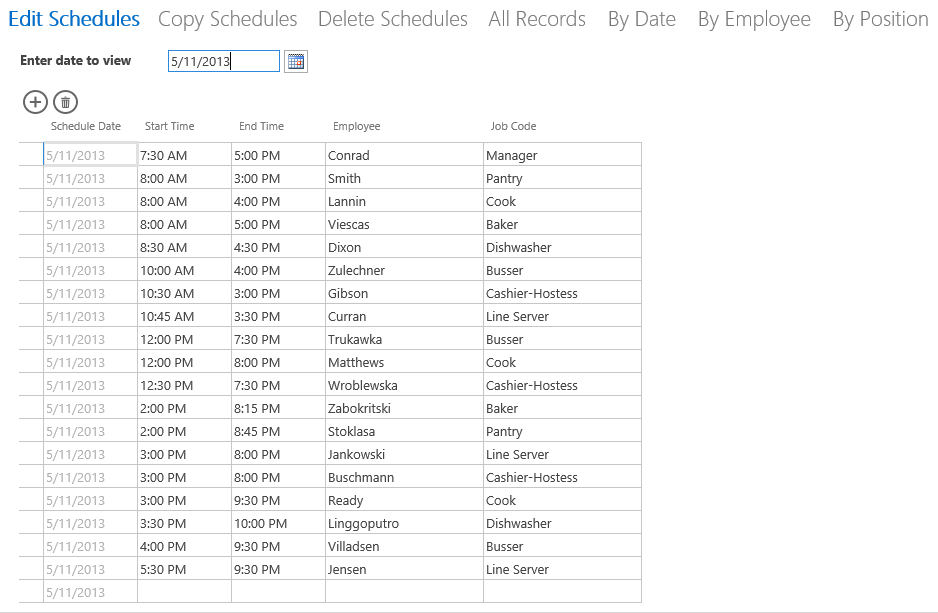 A screen shot of the Edit Schedules view in the BOSS app displayed in a web browser. Author has entered the date 5/11/2013 into a text box control near the top. Labor schedule records that match the entered date are displayed in a subview datasheet.