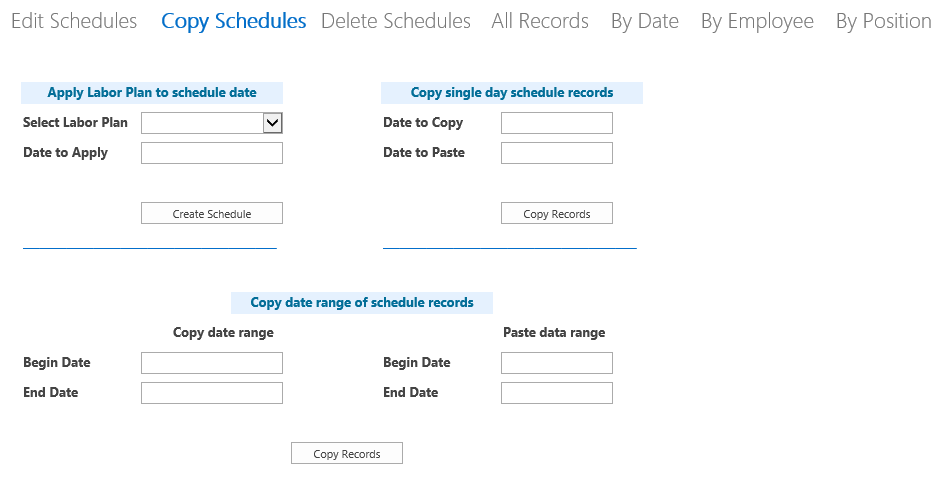 A screen shot of the Copy Schedules view in the BOSS app displayed in a web browser. This view contains three groups of labels, text boxes, and command buttons.