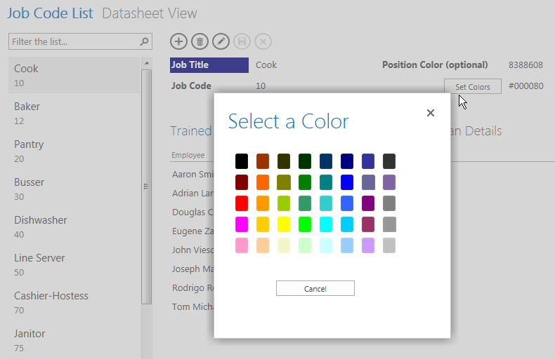 A screen shot of the Select A Color view in the BOSS app displayed in a web browser. This view is open as a pop-up view over the main view and displays 40 color images.