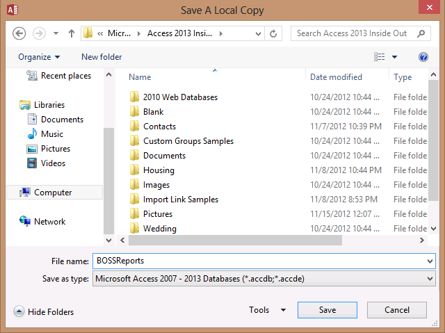 A screen shot of the Save A Local Copy dialog in Access. This dialog is a typical Save As dialog with a list of folders and files and a text box to enter a file name.