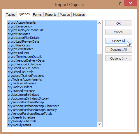 A screen shot of the Import Objects dialog in Access. The dialog has six tabs: Tables, Queries, Forms, Reports, Macros, and Modules. Author has clicked the Select All button, which highlights all the query objects.