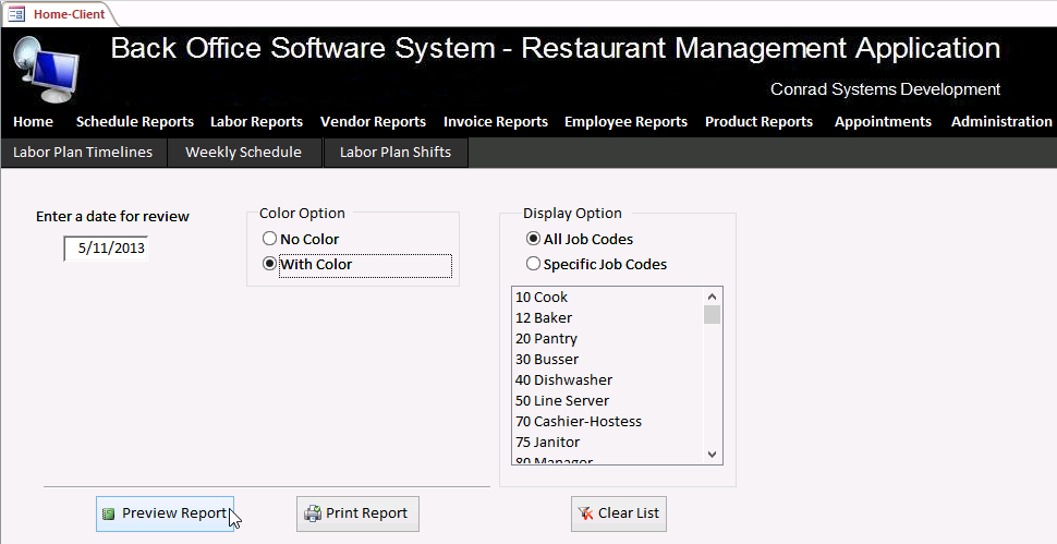 A screen shot of the Schedule Reports tab of the frmMainMenuClient form in Access. Author entered a date into a text box and clicked the Preview Report button.