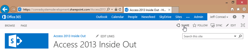 A screen shot of the links and commands at the top of a SharePoint site page. Author has clicked the Share command above the Search This Site text box.