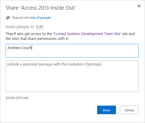 A screen shot of the Share site dialog for a SharePoint site. Author has entered a name in the text box for names or email addresses.