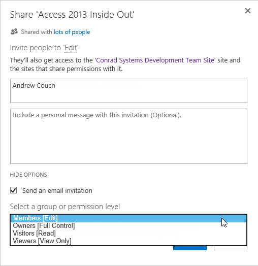 A screen shot of the Share site dialog for a SharePoint site. Author has selected the Members [Edit] group in the Select A Group Or Permission Level combo box.