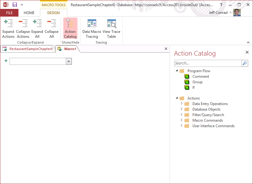 A screen shot of the Logic Designer window for macros in Access. The macro design window is currently blank, and the Action Catalog on the right side displays macro actions grouped by different operation categories.