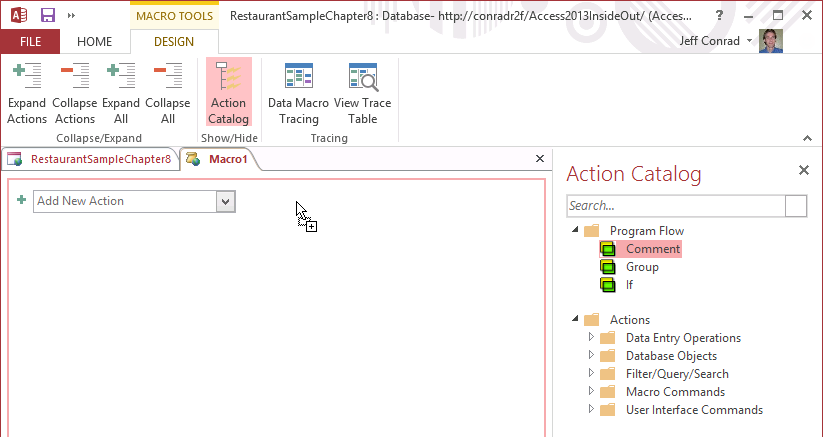 A screen shot of the Logic Designer window for macros in Access. Author has dragged the Comment program flow construct from the Action Catalog onto the macro design surface.