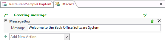 A screen shot of the Logic Designer window for macros in Access. A MessageBox macro action with one argument, Message, is displayed.