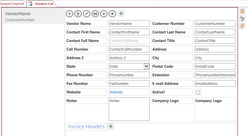 A screen shot of the Vendor List view open in Design view within Access. This List Details view shows controls for the fields in the Vendors table.