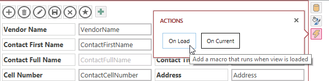 A screen shot of the Actions callout menu. Two buttons are displayed on the menu: On Load and On Current. Author has clicked the On Load button.