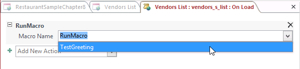 A screen shot of the macro design surface in Access. A RunMacro action is listed on the grid with Macro Name as an argument box. Author has selected TestGreeting for this argument.