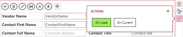 A screen shot of the Actions callout menu in Access. The On Load button has a green background color, and the On Current button has the default white background color.