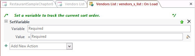 A screen shot of the macro design surface for the On Load event of the Vendor List view. A SetVariable block is shown beneath the Comment block.