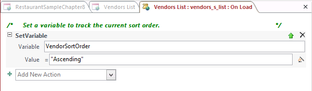 A screen shot of a SetVariable action added to the macro design surface. Author entered VendorSortOrder in the Variable argument and Ascending in the Value argument.