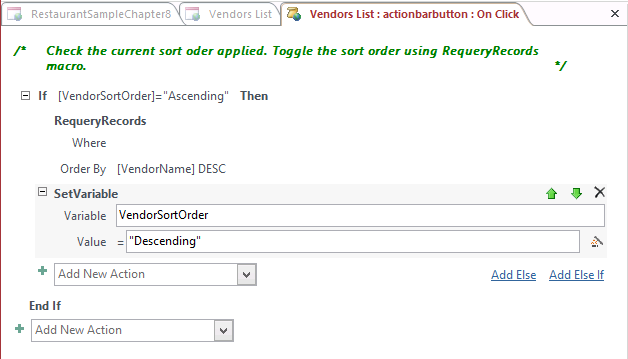 A screen shot of the macro design surface. Author added a SetVariable action beneath the RequeryRecords action.