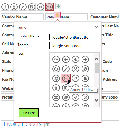 A screen shot of the Data property callout menu for a custom Action Bar button. Author changed the Control Name and Tooltip properties and selected a different icon.