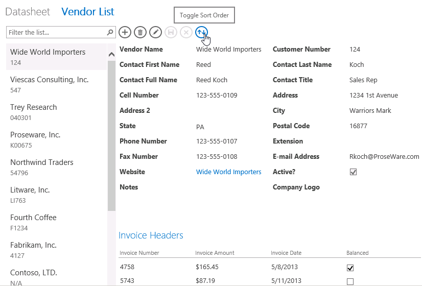 A screen shot of the Vendor List view displayed in a web browser. Author clicked a custom Action Bar button, and the records in the List Control are displayed in descending order by the vendor name.