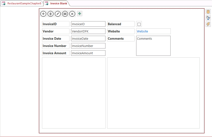 A screen shot of the Invoice Blank view open in Design view in Access. This Blank view shows controls for the fields in the Invoice Headers and Vendors tables.