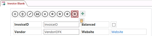 A screen shot of the Invoice Blank view open in Design view in Access. Four custom Action Bar buttons are shown to the right of the built-in ones.