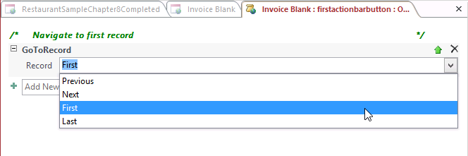 A screen shot of the macro design surface. A GoToRecord action is shown beneath the Comment text box. Four options are displayed in a drop-down list for the Record argument: First, Previous, Next, and Last. Author has selected First.