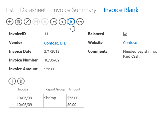 A screen shot of the Invoice Blank view open in a web browser. Author has clicked the next record custom Action Bar button, and a different record is now displayed.