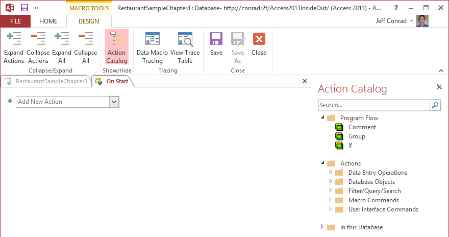 A screen shot of the Logic Designer when you create On Start macros. The macro design surface shows only the Add New Action combo box.