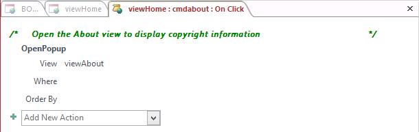 A screen shot of the macro design surface for the On Click event of the cmdAbout command button. A Comment block and OpenPopup action are shown.